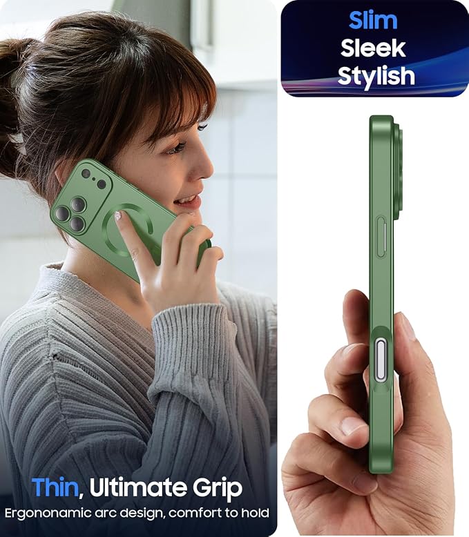 Magnetic for iPhone 17 Pro Max Case, Compatible with MagSafe, Built-in Camera Lens Protector, Slim Thin Soft Silicone Bumper Shockproof Metallic Luster Phone Case, Green