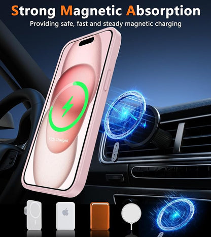 FNTCASE for iPhone 15 Case: for iPhone 14 Case & iPhone 13 Case [Compatible with Magsafe] Translucent Matte Magnetic Phone Cover - Military Grade Drop Protection Shockproof Protective Cases - Pink