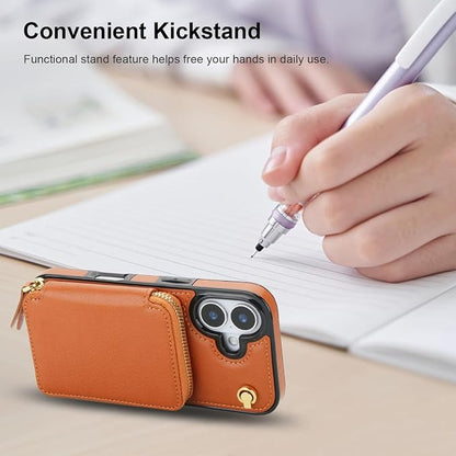 Bocasal Crossbody Wallet Case for iPhone 17, RFID Blocking Leather Purse Case with Card Holder, Protective Handbag Flip Cover with Zipper Wrist Strap Lanyard for Women 5G 6.3 Inch (Brown)