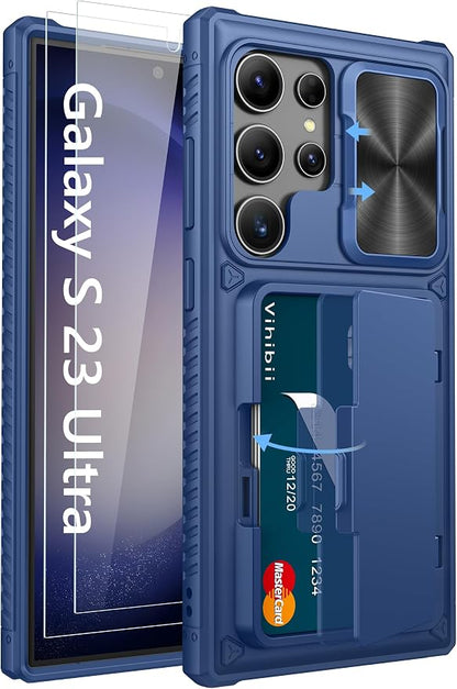 Vihibii for Samsung Galaxy S23 Ultra Case with Card Holder (4 Cards), Built-in 2X Tempered Glass Screen Protector & Slide Camera Cover & Kickstand, Rugged & Shockproof Phone Case for S23 Ultra, Blue