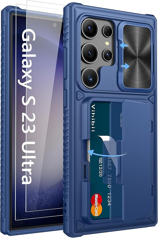 Vihibii for Samsung Galaxy S23 Ultra Case with Card Holder (4 Cards), Built-in 2X Tempered Glass Screen Protector & Slide Camera Cover & Kickstand, Rugged & Shockproof Phone Case for S23 Ultra, Blue