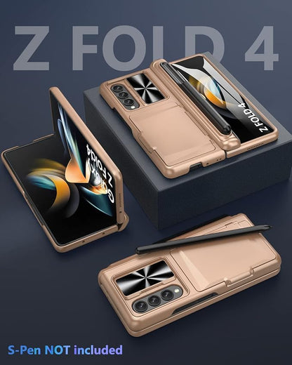 Viaotaily for Galaxy Z Fold 4 Case with Card Holder & S Pen Holder & Hinge Protection, Built-in Screen Protector & Slide Camera Lens Cover, Durable Case for Galaxy Z Fold 4 2022 (Rose Gold)