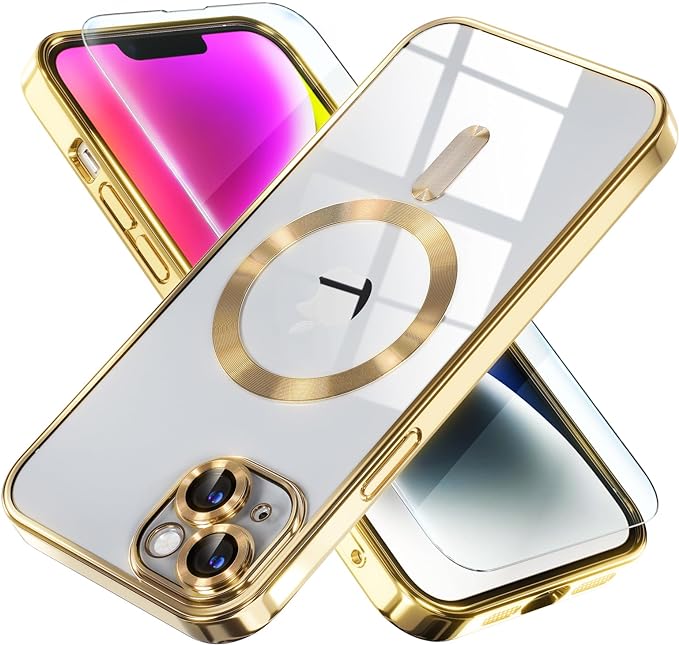 Misea Magnetic for iPhone 14 Plus Case Compatible with MagSafe [Never Yellowing] [Military Grade Drop Protection] Full Camera Lens Protector Plating Soft Clear Phone Case for Women Girls, Gold