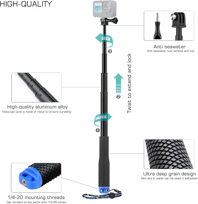 GEPULY 46''Alumium Waterproof Selfie Stick with 1/4 Thread Hole Underwater Pole Handle Grip Monopod for GoPro Hero 13 12 11 Max Insta360 AKASO DJI OSMO Action Cameras Accessories