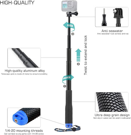 GEPULY 46''Alumium Waterproof Selfie Stick with 1/4 Thread Hole Underwater Pole Handle Grip Monopod for GoPro Hero 13 12 11 Max Insta360 AKASO DJI OSMO Action Cameras Accessories