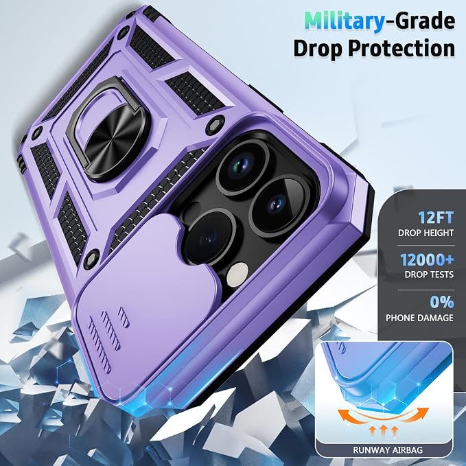 Vinve for iPhone 14 Pro Max Case with Slide Lens Cover HD Screen Protector, Military Grade Drop Protection, Magnetic Rotated Ring Holder Kickstand Protective Phone Case (Lavender)