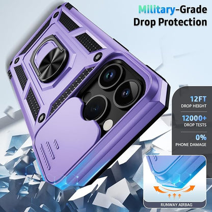 Vinve for iPhone 14 Pro Max Case with Slide Lens Cover HD Screen Protector, Military Grade Drop Protection, Magnetic Rotated Ring Holder Kickstand Protective Phone Case (Lavender)
