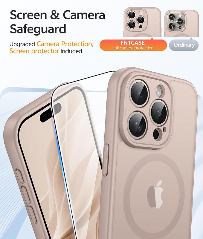 FNTCASE for iPhone 15 Pro Case: [Compatible with Magsafe] Translucent Matte Cases with [Full Camera Protection] [Screen Protector] Military Grade Shockproof Protective Phone Cover - Desert Gold