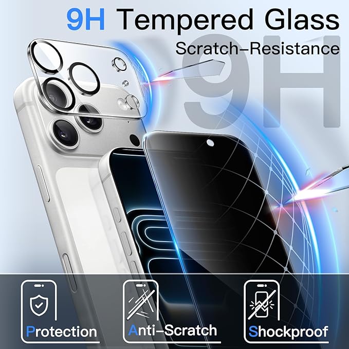 JETech Privacy Screen Protector for iPhone 17 Pro 6.3-Inch with Camera Lens Protector, Anti-Spy Tempered Glass Film, Easy Installation Tool, 2-Pack Each