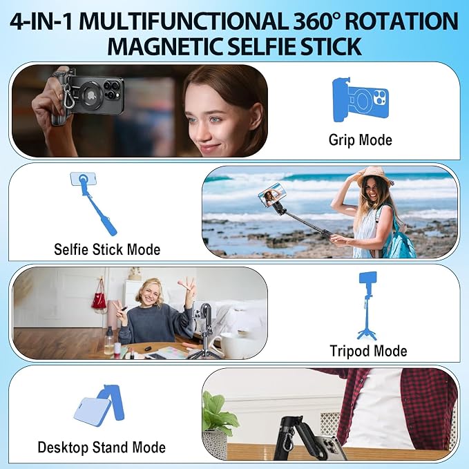 4-in-1 Multifunctional Magnetic Selfie Stick,Portable Pocket Size Selfie Stick for iPhone Magsafe,360° Rotation Phone Tripod with Wireless Remote for iPhone & Android