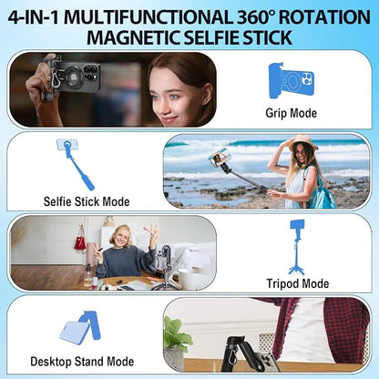 2025 New 4-in-1 Multifunctional Magnetic Selfie Stick,Universal 360° Rotation Phone Tripod with Wireless Remote,Portable Extendable Mag Tripod,for Video Recording & Vlog,for iPhone & Android(Black)