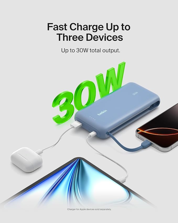 Belkin Power Bank with Integrated Cable, Fast Charging USB-C, 20000 mAh 30W, Portable Charger Power Bank USB C for iPhone 17, Air, Pro, Pro Max, iPad, AirPods, Apple Watch, Galaxy S25, & More - Blue