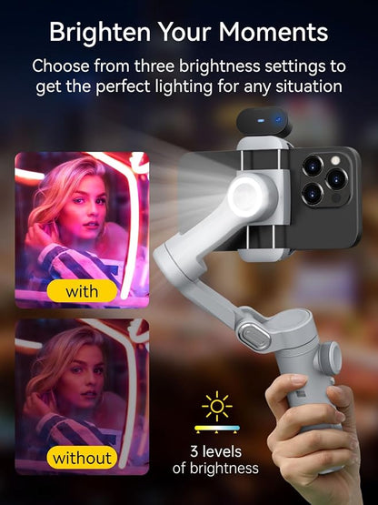 AOCHUAN 3-Axis Phone Gimbal, Gimbal Stabilizer for iPhone w/AI Vision Sensor, Portable for iPhone/Andriod, Phone Stabilizer Built in Fill Light Perfect for TikTok YouTube-Smart XPro AI Grey