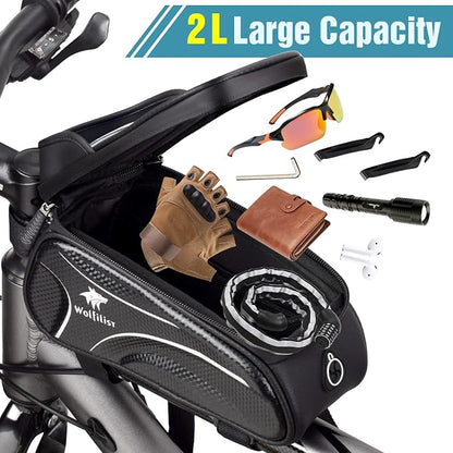 WOLFILIST Bike Bag - Waterproof Bike Frame Bag with Sun-Visor Rain Cover, Bike Phone Holder with TPU Sensitive Touch Screen, Handlebar Bag Bicycle Accessories, Large Capacity Suitable Phone Under 7"