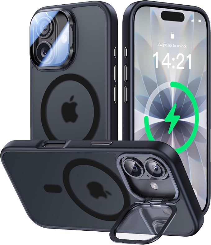 [Upgraded Full Camera Protection] for iPhone 17 Case with Camera Cover Stand [Fit for MagSafe][10FT Mil-Grade Protection] Translucent Magnetic iPhone 17 Phone Case, Black