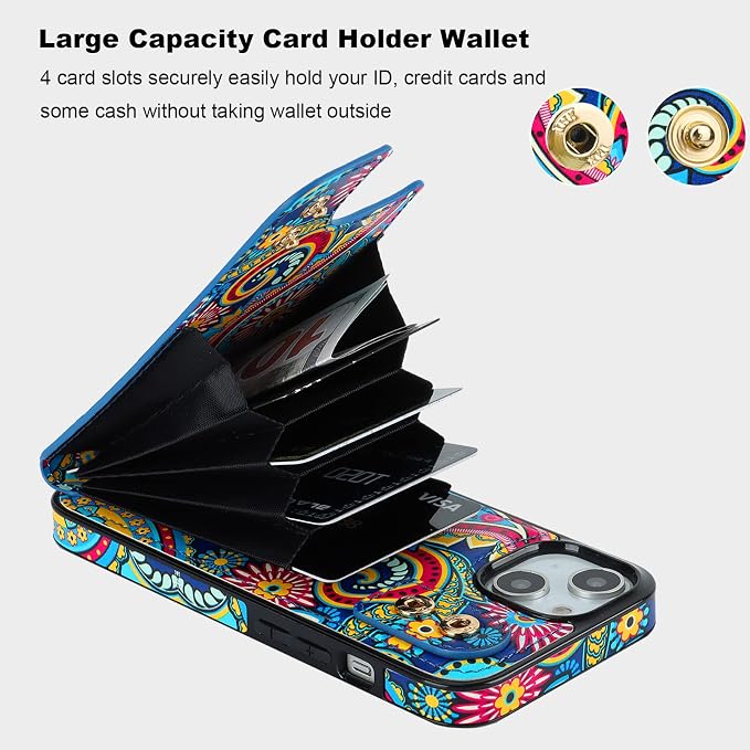 HAOPINSH for iPhone 13/ iPhone 14 Wallet Case with Card Holder, 360°Rotation Ring Kickstand, Paisley Pattern, RFID Blocking Leather for Girls Women, Double Buttons Flip Protective Cover 6.1"