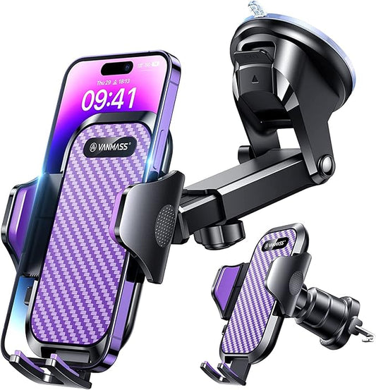 VANMASS Phone Holders for Your Car 2026 Ultimate Phone Mount Military-Grade Windshield Dashboard Vent【Newest Best Strongest】 Cell Phone Car Mount for iPhone 16 Pro Max 15 Samsung Android,Purple