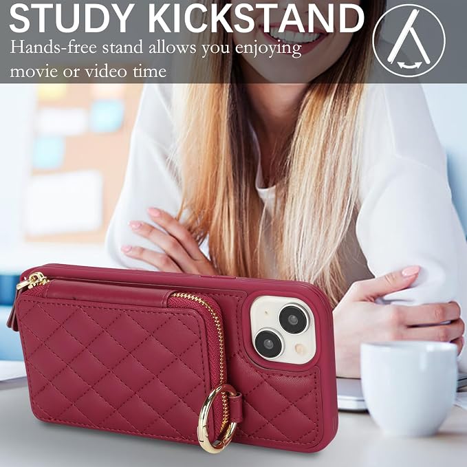 Crossbody Wallet Case for iPhone 14 Plus, PU Leather Zipper Handbag Purse Flip Cover, Kickstand Folio Case with Card Slots Holder Wrist Strap Lanyard 5G 6.7 Inch-Dark red