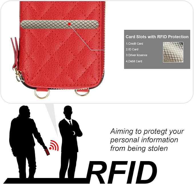 Bocasal Crossbody Wallet Case for iPhone 16 Pro, RFID Blocking PU Leather Zipper Handbag Purse Flip Cover, Kickstand Folio Case with Card Slots Holder Wrist Strap Lanyard 5G 6.3 Inch (Red)