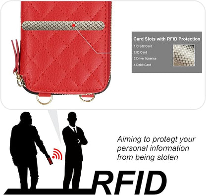 Bocasal Crossbody Wallet Case for iPhone 16 Pro, RFID Blocking PU Leather Zipper Handbag Purse Flip Cover, Kickstand Folio Case with Card Slots Holder Wrist Strap Lanyard 5G 6.3 Inch (Red)
