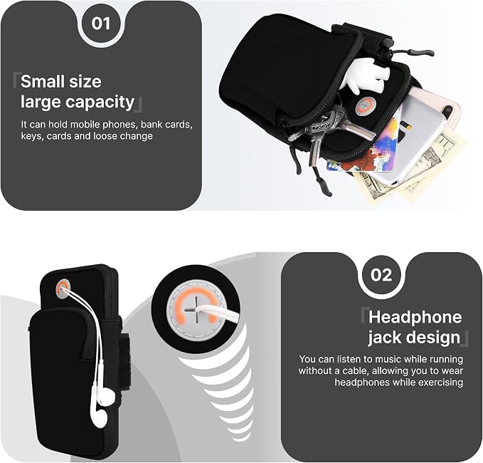 Running Armband, Adjustable Sports Band for Jogging, iPhone Workout Armband, Cell Pouch for Exercise Men Women (Black)
