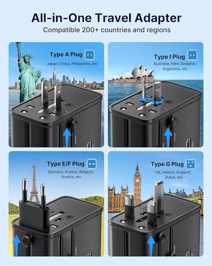 VINTAR 70W GaN Universal Travel Adapter, 5 in 1 with 3 USB-C PD& 1 USB-A QC | International Power Adapter, GaN Fast Charging with Compact Design, All-in-One Travel Essentials for UK/EU/US/AUS, Black