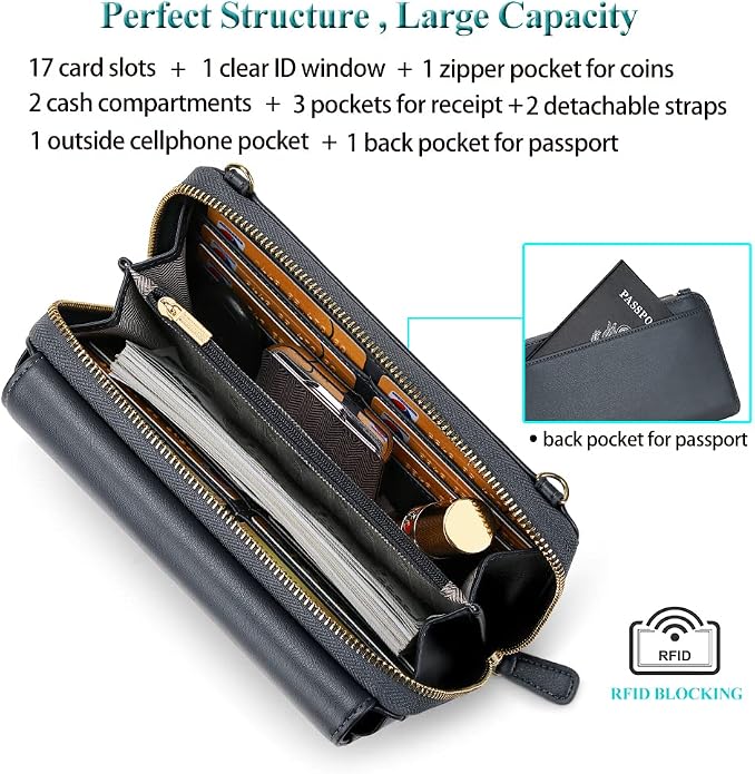 Peacocktion Crossbody Bags for Women RFID Wristlet Wallets Travel Vegan Leather Small Clutch Purses with Phone Pocket Zipper