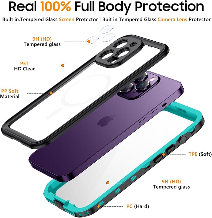 Temdan Magnetic for iPhone 14 Pro Max Case Waterproof [Compatible with MagSafe] [IP68 Underwater] [Built-in Camera Lens & Screen Protector] Full Body Shockproof Phone Case Blue