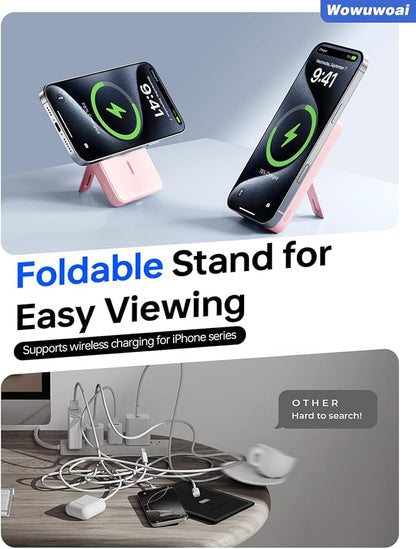for Magsafe Portable Charger, 10000mAh Wireless Power Bank with Stand, USB C PD 20W Fast Charging Powerbank, Magnetic Battery Pack Compatible for iPhone 17/16/15/14/13/12 Series - Pink