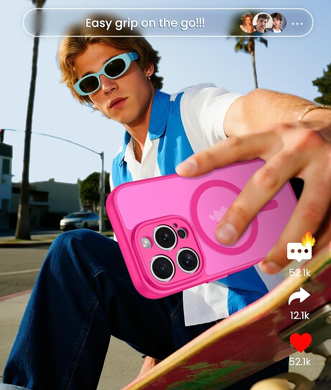 FNTCASE for iPhone 16 Pro Case: [Compatible with Magsafe] Translucent Matte Magnetic Phone Cover - Military Grade Drop Protection Shockproof Protective Cases - Hot Pink