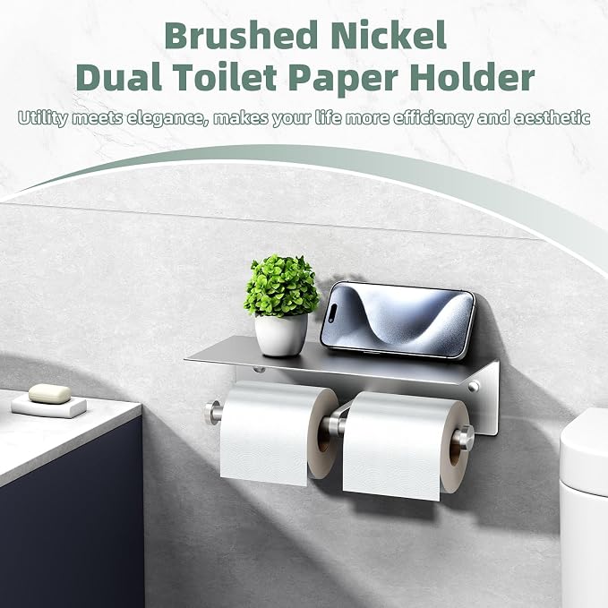 Double Toilet Paper Holder with Shelf Brushed Nickel, APLusee SUS 304 Stainless Steel Contemporary Tissue Roll Holder Mobile Phone Storage Rack