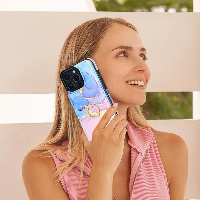 HAOPINSH for iPhone 16 Pro Max Wallet Case with Card Holder, 360°Rotation Ring Kickstand, Pink Blue Marble Pattern, RFID Blocking Leather for Girls Women, Double Buttons Protective Cover 6.9"