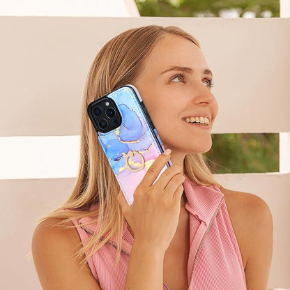 HAOPINSH for iPhone 16 Pro Max Wallet Case with Card Holder, 360°Rotation Ring Kickstand, Pink Blue Marble Pattern, RFID Blocking Leather for Girls Women, Double Buttons Protective Cover 6.9"