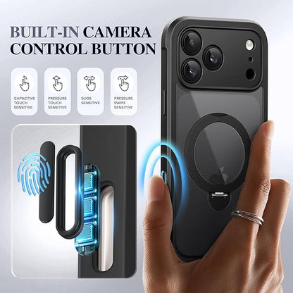 BERFY for iPhone 17 Pro Max Case, Compatible with MagSafe, Built in Privacy Screen Protector, Shockproof Full Body Phone Case for 17 Pro Max with Magnetic Stand, Clear Black