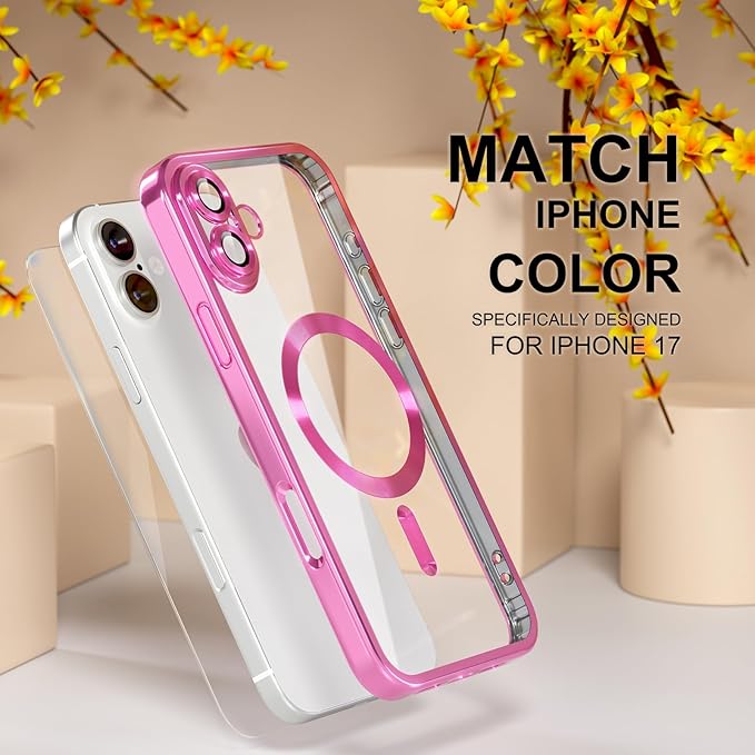 Misea Magnetic for iPhone 17 Case Compatible with MagSafe [Never Yellowing] [Military Grade Drop Protection] Full Camera Lens Protector Plating Soft Clear Phone Case for Women, Hot Pink