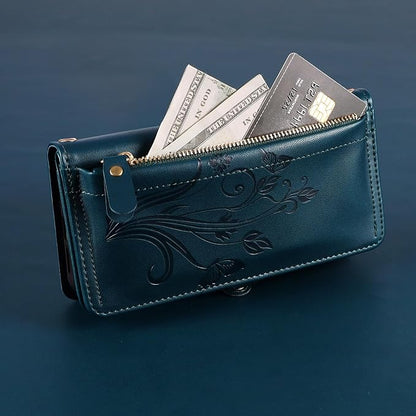 Lacass for iPhone 16 Case Wallet,[Cards Theft Scan Protection] Card Holder Zipper Leather Flip Cover Crossbody Wrist Strap with Stand (Floral Cyan Green)