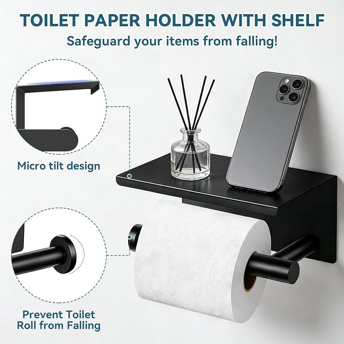 5-Piece Matte Black Bathroom Accessories Set, 24-Inch Wall-Mounted Towel Bar, Toilet Paper Holder with Shelf, SUS 304 Stainless Steel Bath Hardware, Towel Rack for Bathroom, Kitchen, Laundry Room