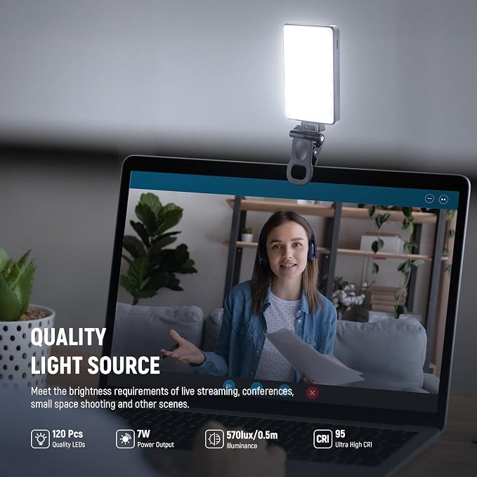 NEEWER Basics LED Selfie Phone Light, Rechargeable 2500-9000K Clip On Fill Light, Color Films/Diffuser/3000mAh, CRI95+ Dimmable Video Conference Lighting for iPhone Camera Laptop Zoom Call, BL120B