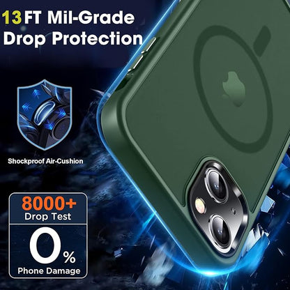 MOCCA Strong Magnetic for iPhone 13 Case, [Compatible with Magsafe][Screen Protector+Camera Lens Protector] Translucent Matte Back Slim Shockproof Case for iPhone 13 Phone Case 6.1", Midnight Green