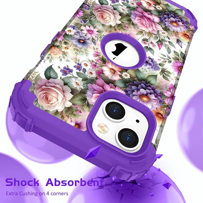 Hocase for iPhone 15 Plus Case, Heavy Duty Shockproof Protection Soft Silicone Rubber Bumper+Hard Plastic Hybrid Protective Case for iPhone 15 Plus 6.7" 2023 - Purple Pink Flowers