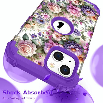 Hocase for iPhone 15 Plus Case, Heavy Duty Shockproof Protection Soft Silicone Rubber Bumper+Hard Plastic Hybrid Protective Case for iPhone 15 Plus 6.7" 2023 - Purple Pink Flowers