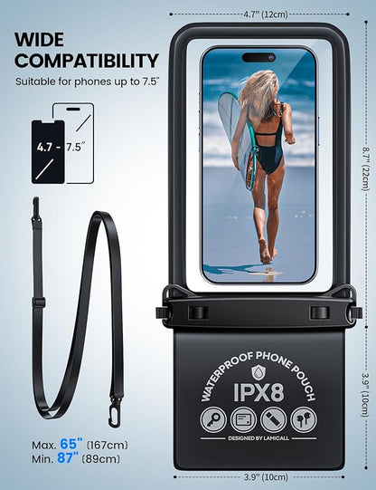 Lamicall Waterproof Phone Pouch Case - [Double Space] IPX8 Water Proof Cell Phone Dry Bag with Lanyard, Beach Cruise Ship Essentials Gifts for iPhone 17 16 15 14 13 Pro Max, Galaxy S25 S24, 4-7.5"