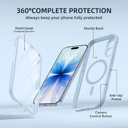 BERFY for iPhone 17 Case, Compatible with MagSafe, Built-in Glass Screen Protector, Camera Protection, Shockproof Full Body Phone case 6.3", Clear Blue