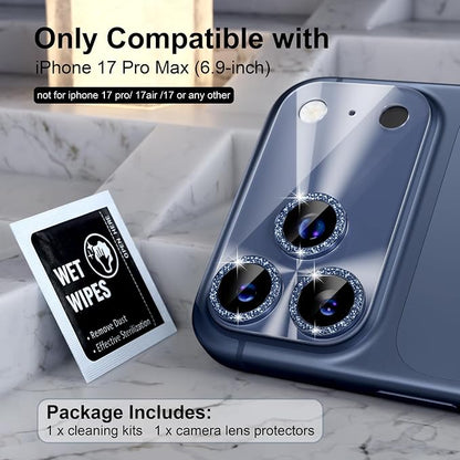 Choiche Compatible for iPhone 17 Pro Max Camera Lens Protector, Bling Camera Cover with 9H Tempered Glass Lens Screen Protector Metal Ring Decoration Accessories 6.9-inch (Light-Blue)