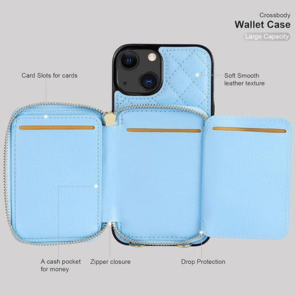 Bocasal Crossbody Wallet Case for iPhone 13, RFID Blocking PU Leather Zipper Handbag Purse Flip Cover, Kickstand Folio Case with Card Slots Holder Wrist Strap Lanyard 5G 6.1 Inch (Blue)