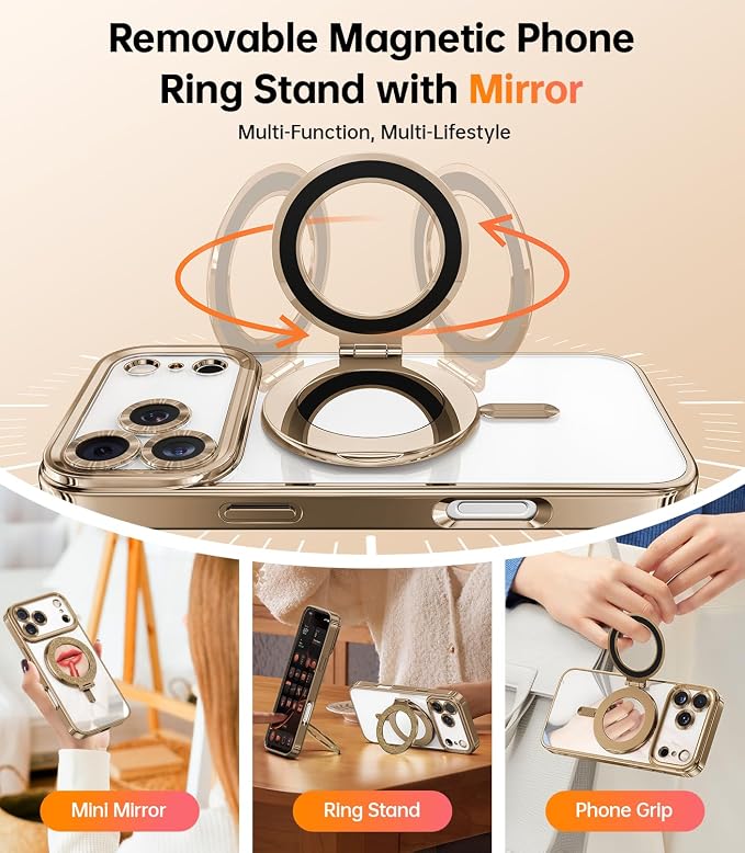 Magnetic Case Designed for iPhone 17 Pro Max with Removable Phone Ring Stand, Glitter Card & Wrist Strap, Compatible with MagSafe, Built in Mirror, Phone Ring Holder + Phone Case Kit, Desert Titanium
