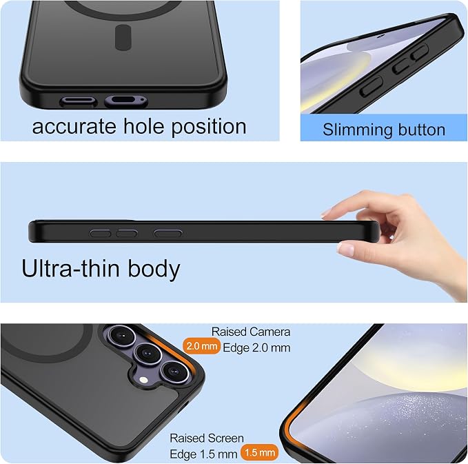 For Samsung Galaxy S24 Plus Case & S25 Plus Case [Compatible with Magsafe] Translucent Matte Magnetic Phone Case,Slim Thin Duty Shockproof with 2pc Screen Protector Protection Case for S24+/S25+,Black