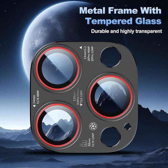 Camera Lens Protector for iPhone 14/15/16 Pro & Pro Max - Tempered Glass & Aluminum Guard for iPhone 16 Pro Max Camera Cover with Unique Laser-Etched Lens Specs, 2 pack, Black-red