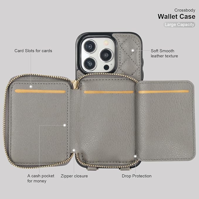 Bocasal Crossbody Wallet Case for iPhone 15 Pro, RFID Blocking PU Leather Zipper Handbag Purse Flip Cover, Kickstand Folio Case with Card Slots Holder Wrist Strap Lanyard 5G 6.1 Inch (Grey)