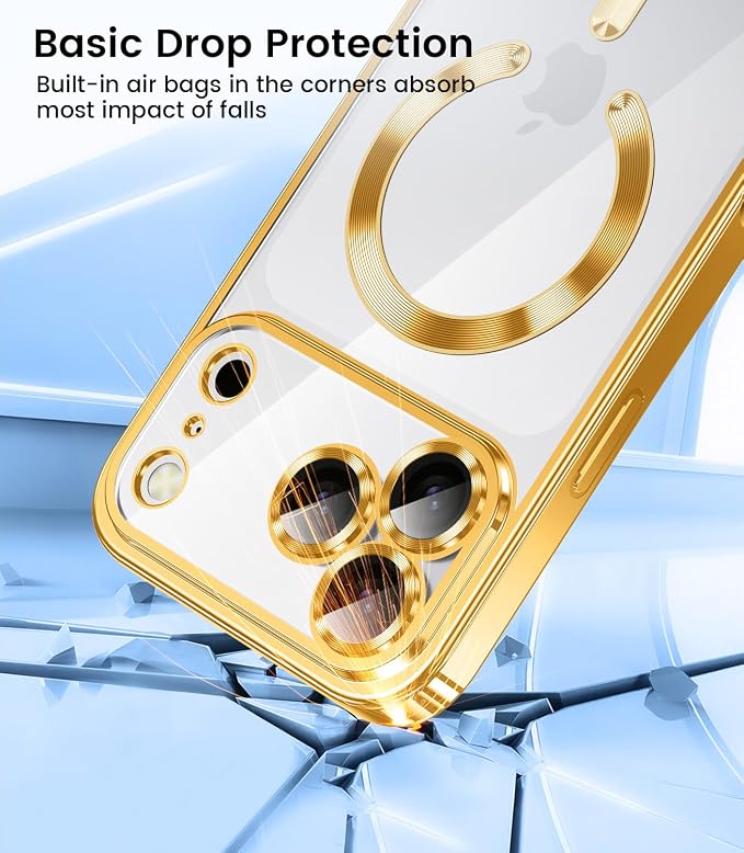 Slim Thin for iPhone 17 Pro Case Clear, Compatible with MagSafe, Built-in Camera Lens Protector, Shockproof Protective Phone Case, Soft Electroplated Magnetic Cover, Gold